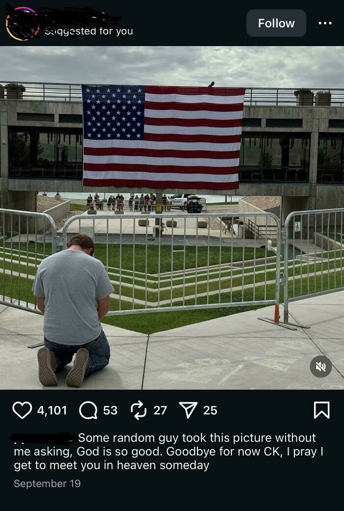 A man kneels before an American flag, with a social media caption about embarrassing lies people spotted on the internet.