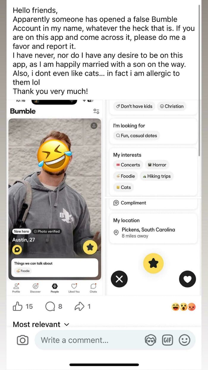 A social media post about embarrassing lies, featuring a fake Bumble account with someone's profile details and interests.