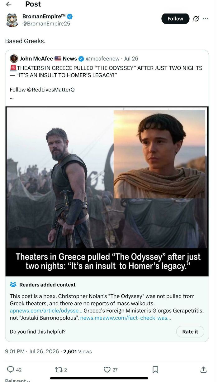 An image with a social media post about embarrassing lies, showing a movie poster and an article about The Odyssey.