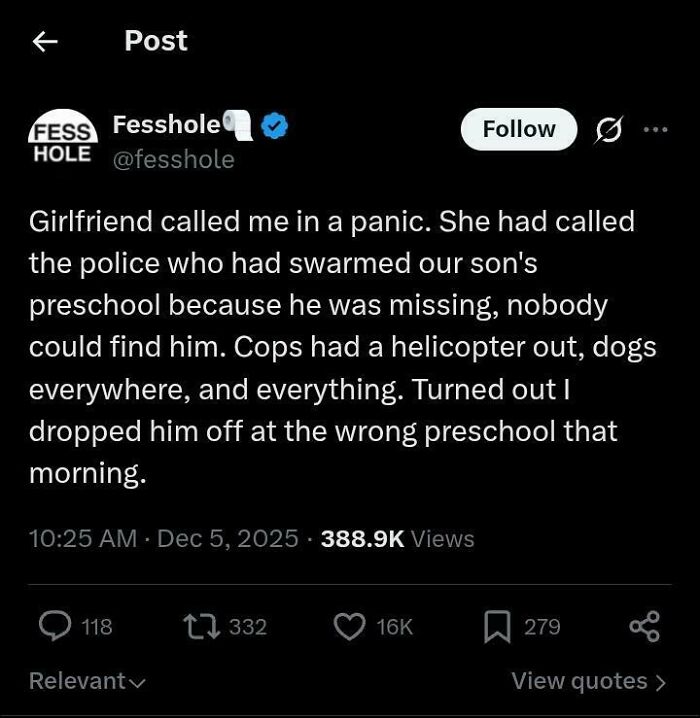 A social media post detailing embarrassing lies, where a parent mistakenly dropped their child at the wrong preschool.