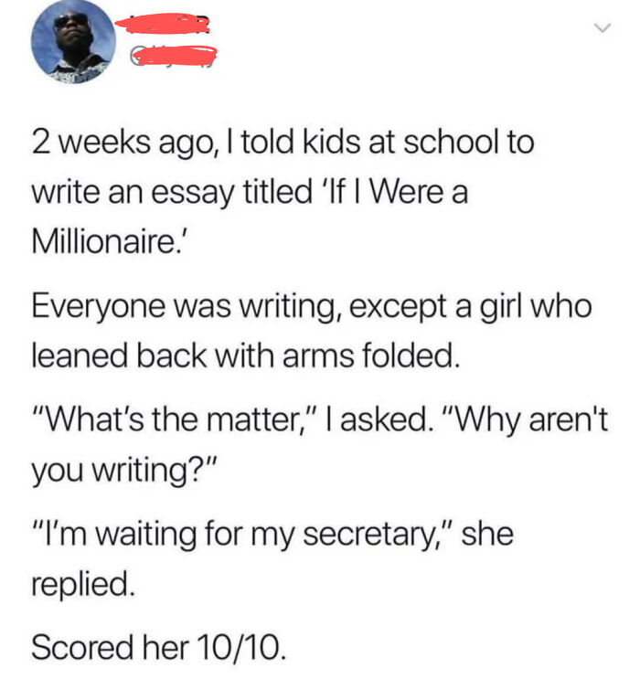 A social media post about embarrassing lies from a teacher regarding a students essay about being a millionaire.