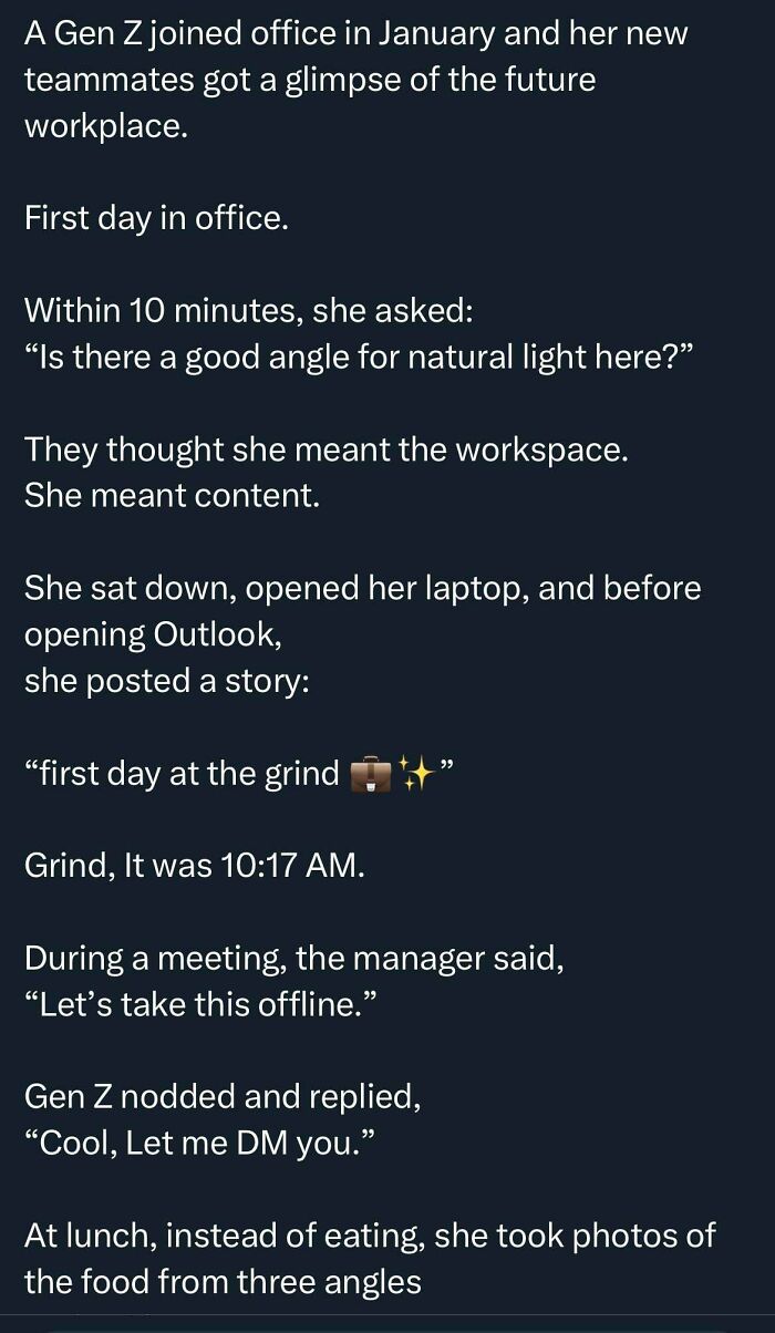 A social media post about embarrassing lies detailing a Gen Zs first day in office and her workplace antics.