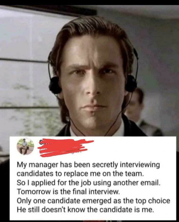 A meme featuring Christian Bale and a social media post about embarrassing lies of a manager secretly interviewing replacements.