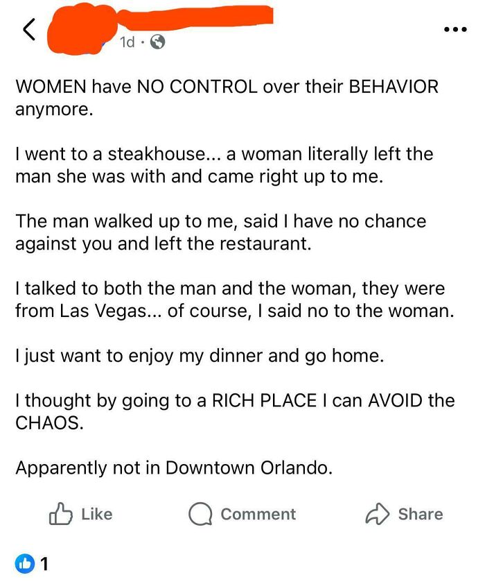 A social media post about embarrassing lies from a man claiming women have no control over their behavior.