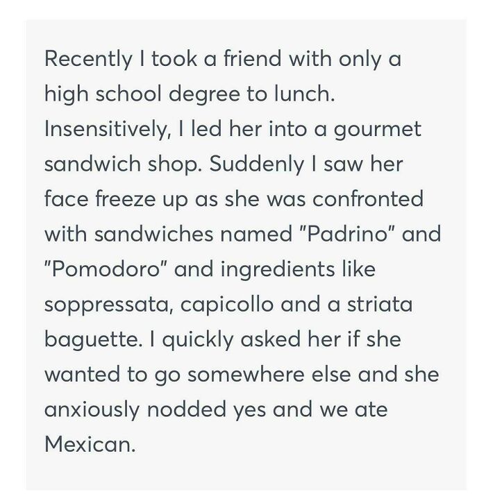 A social media post detailing embarrassing lies about a friend feeling awkward in a gourmet sandwich shop.