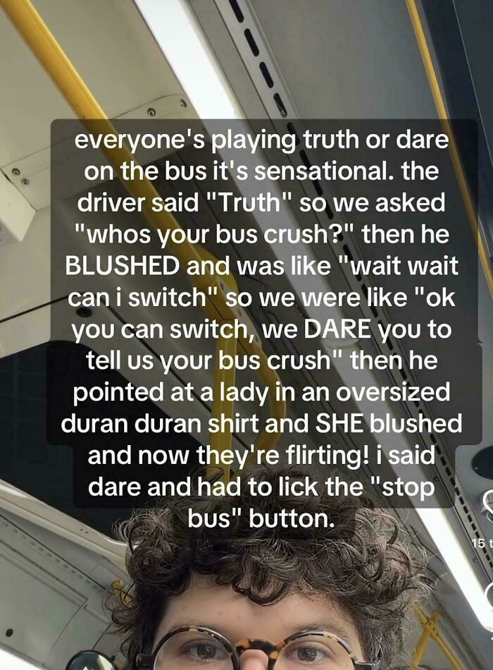 A social media post with embarrassing lies, describing a truth or dare game on a bus where a driver revealed his crush.