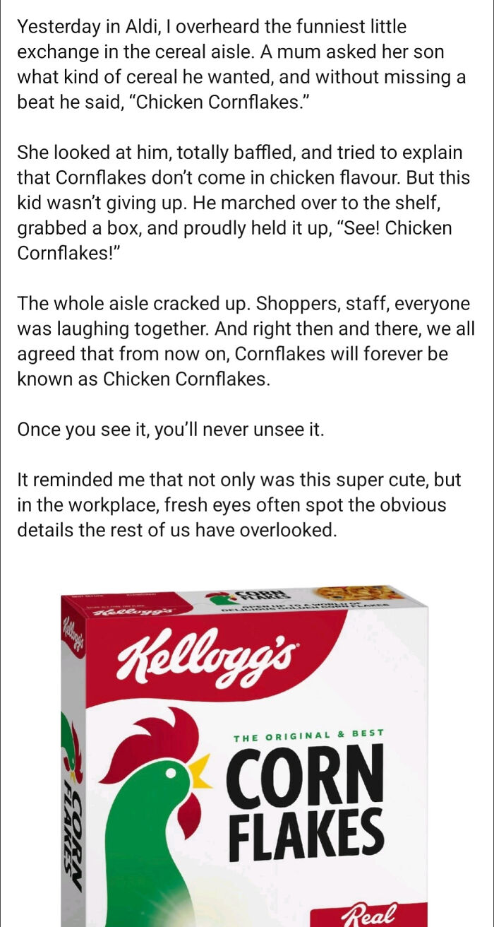 A close-up of a Kellogg's Corn Flakes box, highlighting the rooster design in an amusing take on embarrassing lies.