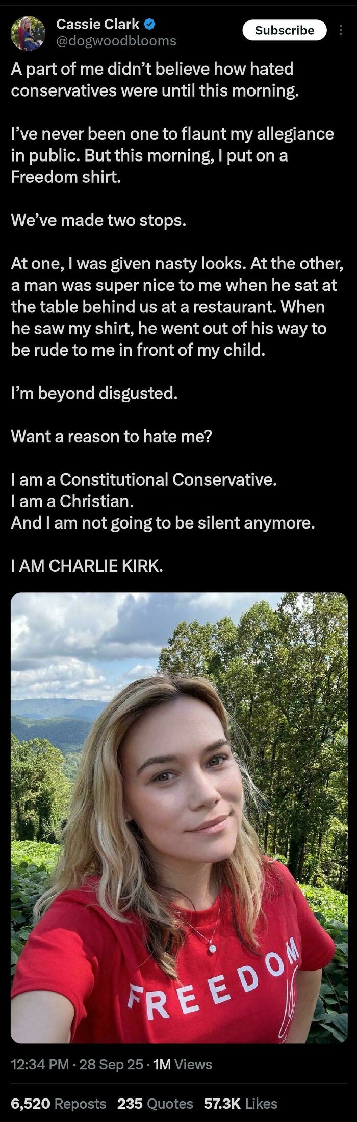 A social media post with embarrassing lies, where a woman in a Freedom shirt claims to be hated for her conservative views.