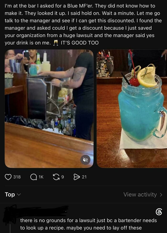 A social media post with embarrassing lies, where a person brags about getting a free drink by threatening a lawsuit.