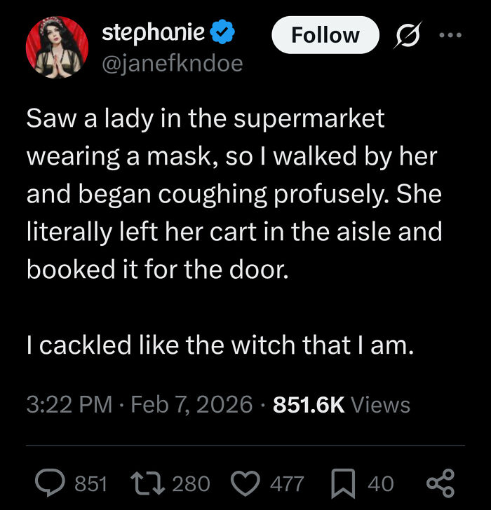 A social media post with embarrassing lies, where a user describes making a woman leave a supermarket by coughing.