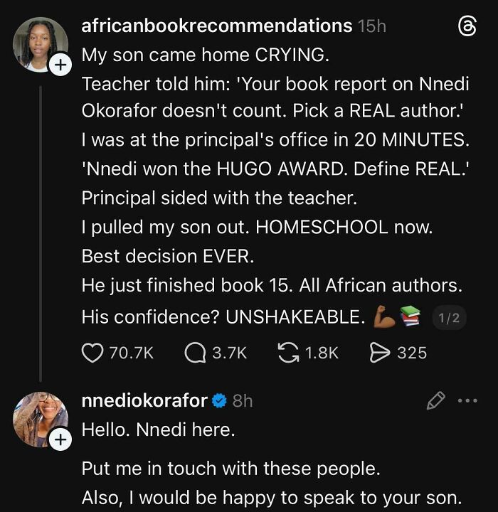 A social media post with embarrassing lies, showing a mother's story about a teacher dismissing a book report and the author's reply.