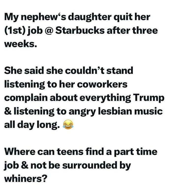 A social media post with embarrassing lies, detailing a niece quitting her job due to coworkers complaining about Trump and lesbian music.