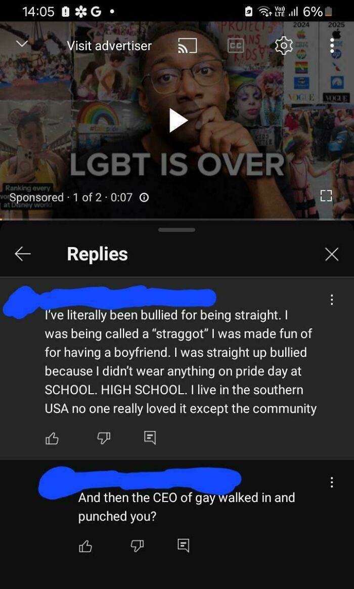 A YouTube screenshot with embarrassing lies, showing a comment about being bullied for being straight and a sarcastic reply.