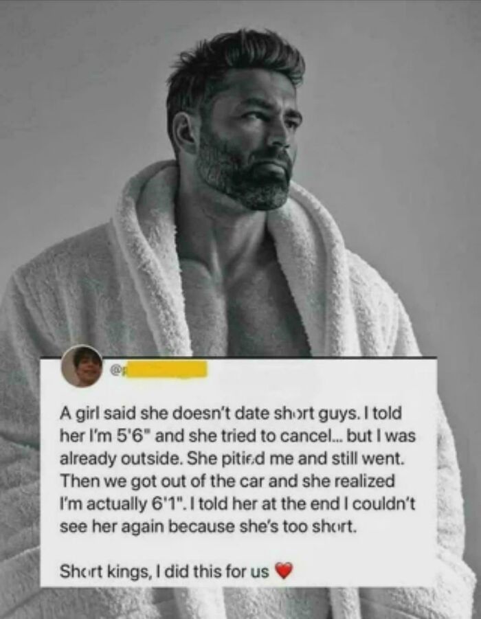 A man in a robe with an embarrassing lie about dating, featuring a height-exaggeration story to make a point.