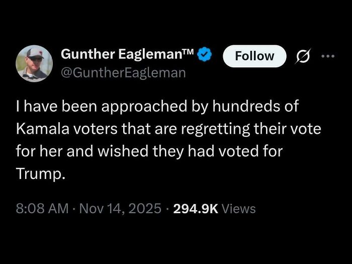 A social media post with embarrassing lies, showing a user claiming regretful Kamala voters wish they voted for Trump.