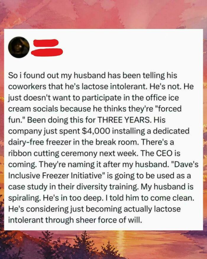 A screenshot shows an online post about embarrassing lies: A person details their husband's elaborate lie about being lactose intolerant.