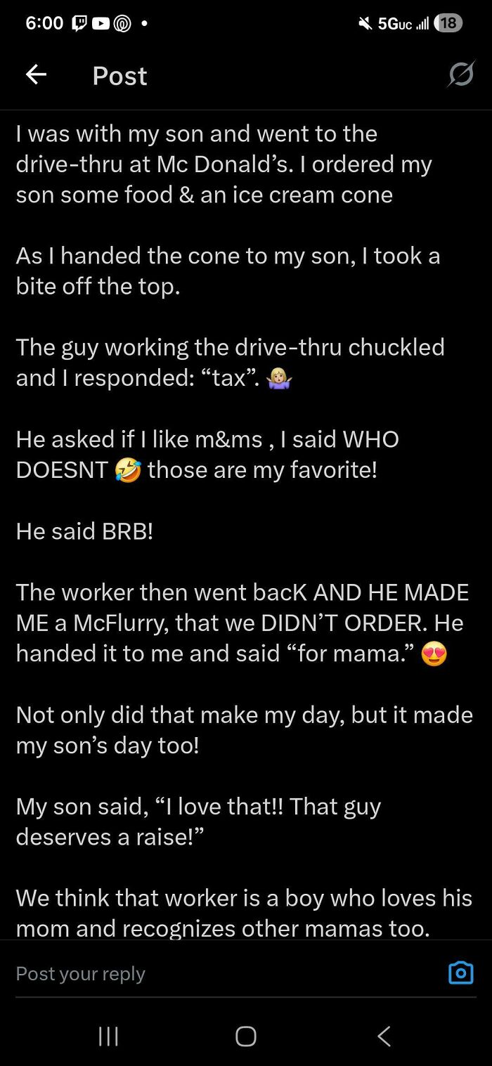 A screenshot shows an online post about embarrassing lies: A mom shares a story about a McDonald's drive-thru worker giving her a free McFlurry.
