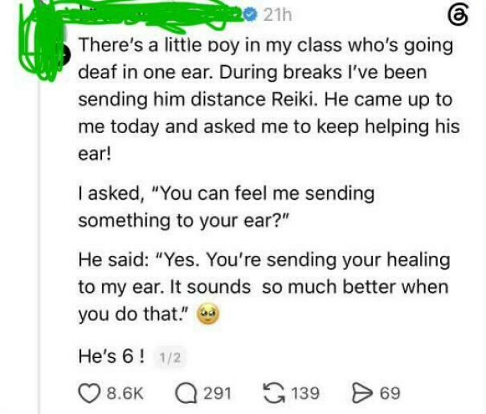 A screenshot shows an online post about embarrassing lies: A person recounts a 6-year-old claiming distance Reiki healed his ear.