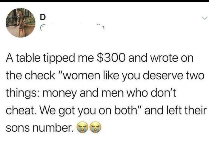 A screenshot shows an online post about embarrassing lies: A waitress claims a table tipped her $300 and wrote a note about women.