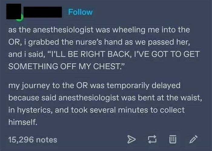 A screenshot shows an online post about embarrassing lies: Someone shares a story about making an anesthesiologist laugh hysterically before surgery.