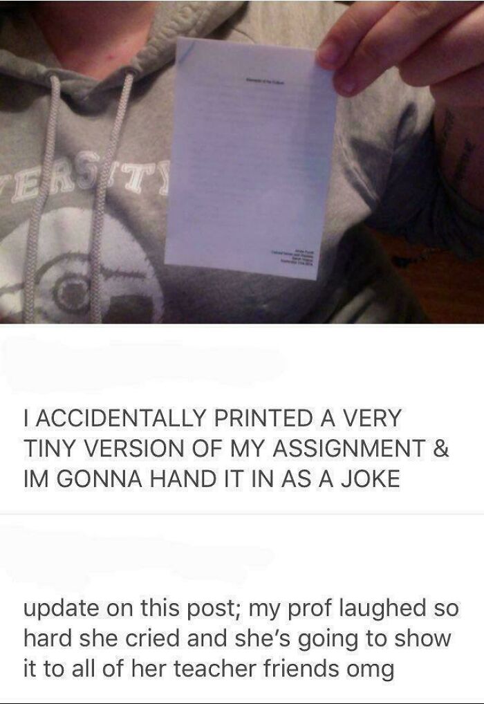 A social media post about an embarrassing lie where someone printed a tiny assignment.
