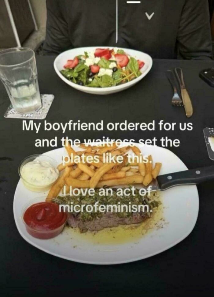 A social media post with embarrassing lies, showing two dinner plates with food on a table.
