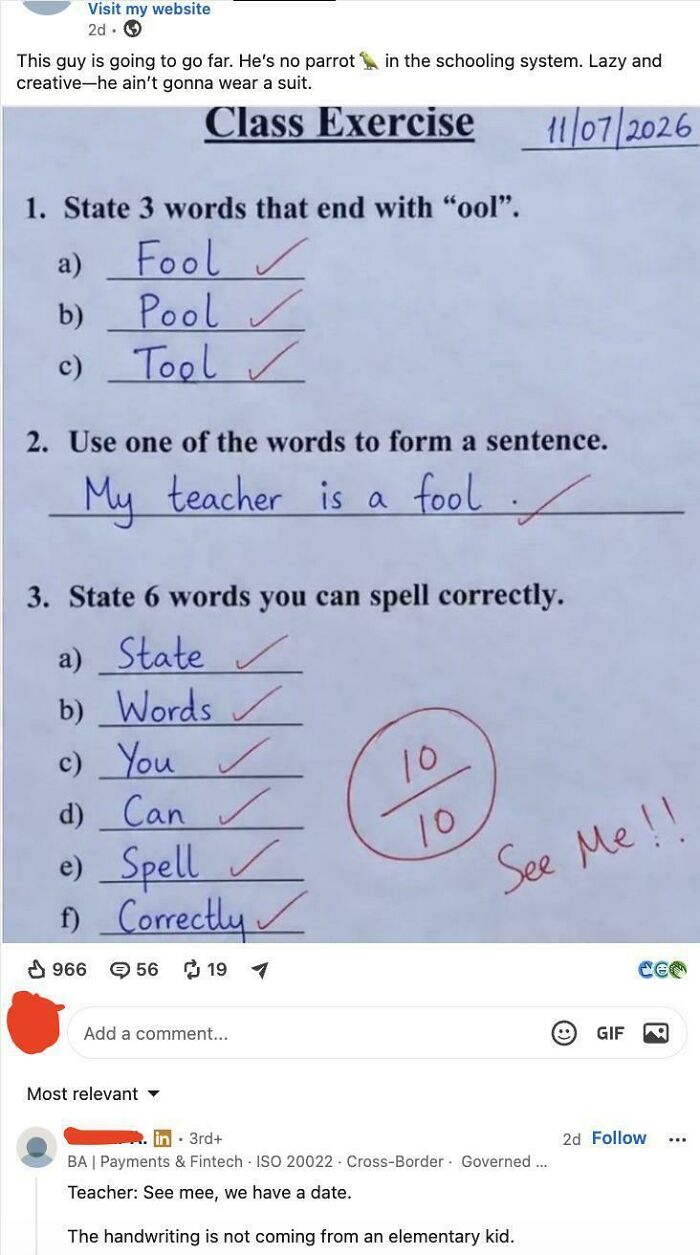 A social media post showing a child's class exercise sheet with embarrassing lies about a teacher.