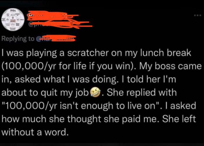A text post describing an embarrassing lie shared with a boss after winning a large sum on a scratcher ticket.
