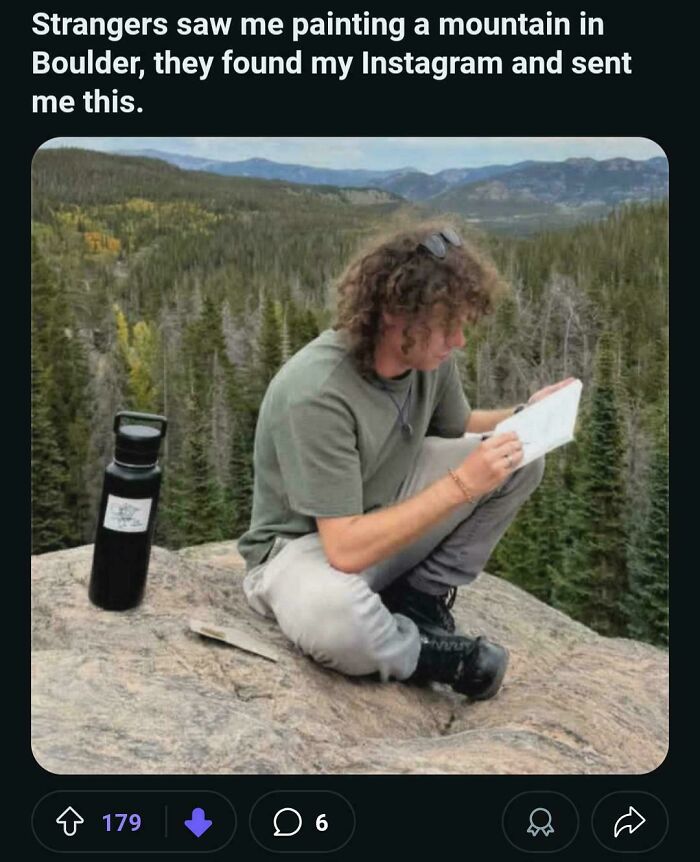 A man sitting on a rock, painting a mountain landscape, related to embarrassing lies people spotted on the internet.