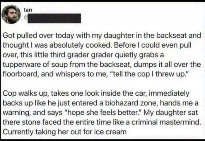 A screenshot of a text detailing an embarrassing lie about a girl pretending to vomit to avoid a traffic ticket.