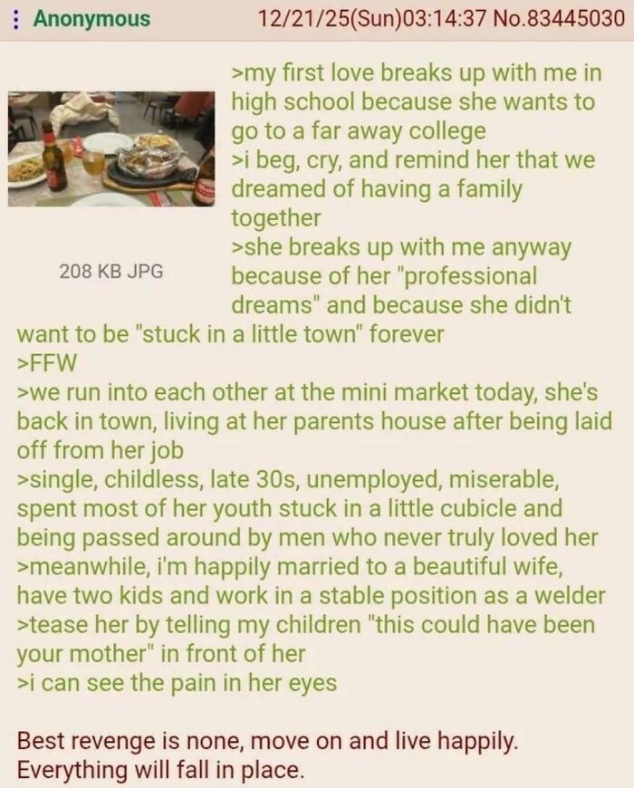 A text post narrating an embarrassing lie about a breakup and a reunion with an ex-girlfriend years later.