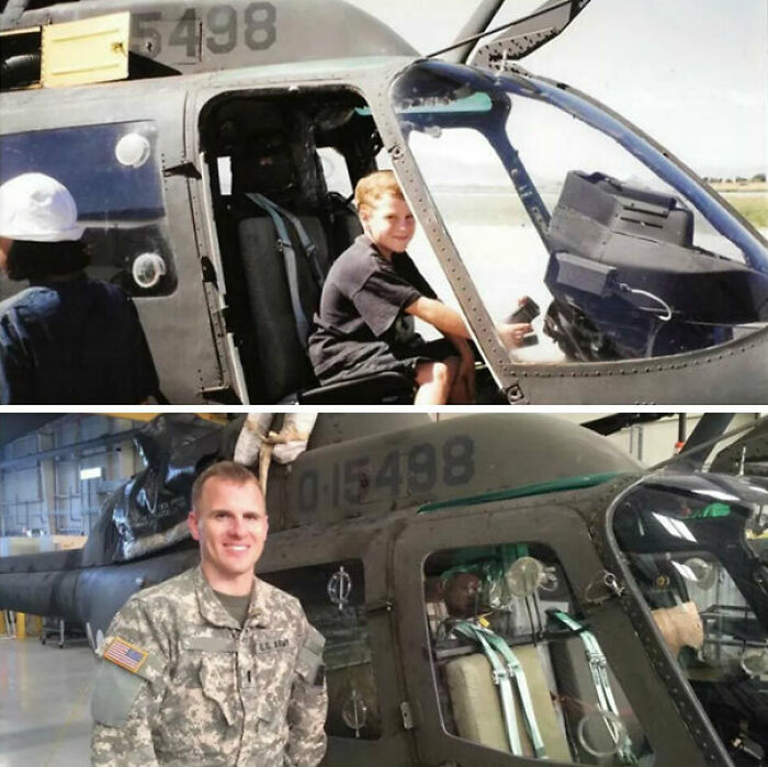A boy and an adult military man, years apart, sitting in the same spot of a helicopter, showing things synced.