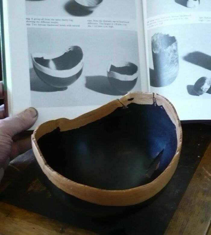 A person holding a bowl that perfectly matches an image in an open book, showcasing something synced just right.
