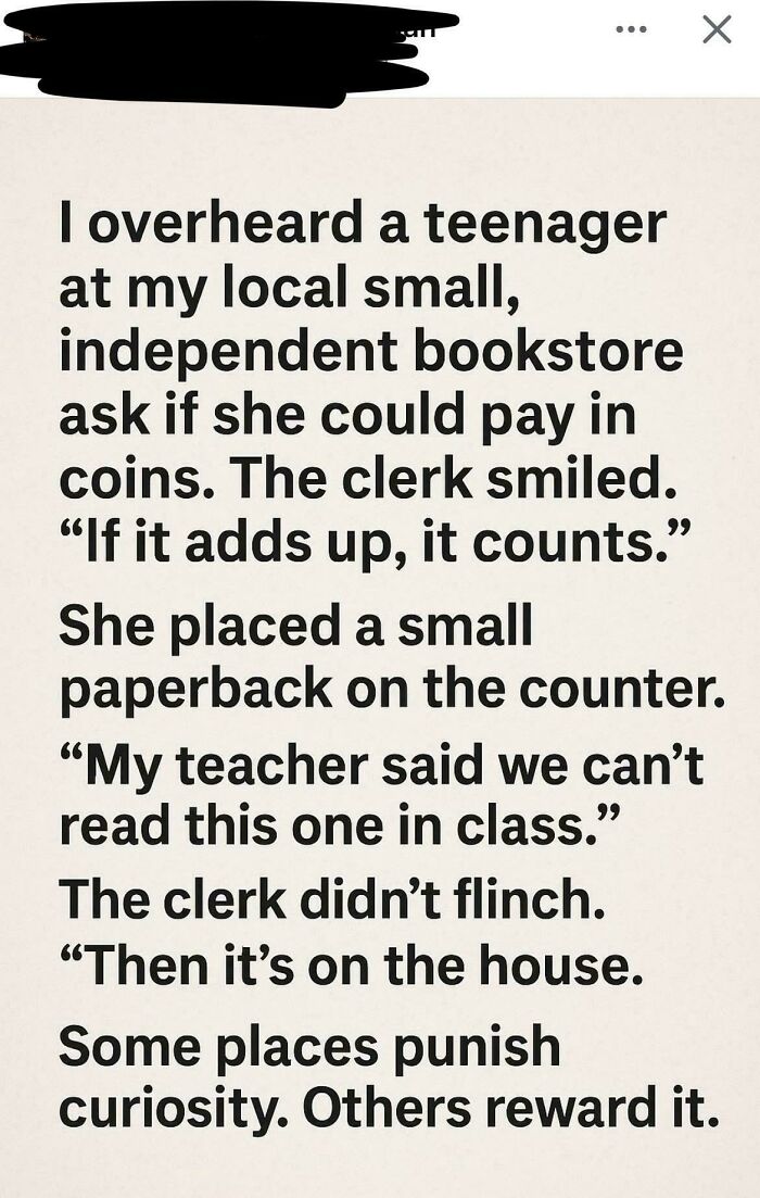 Embarrassing lies online, depicting a story about a teenager paying with coins at a bookstore.