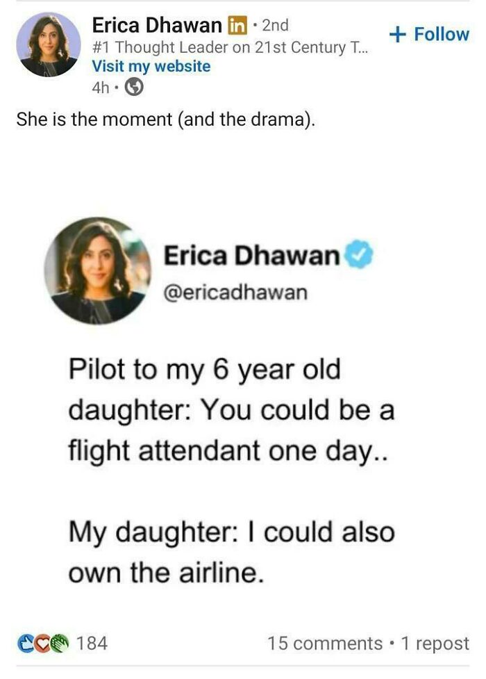 An example of embarrassing lies spotted on the internet, showing a tweet about a pilot and a daughter.