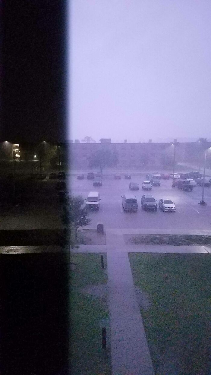 An amazing moment of weather synced, showing rain on the right and clear conditions on the left.