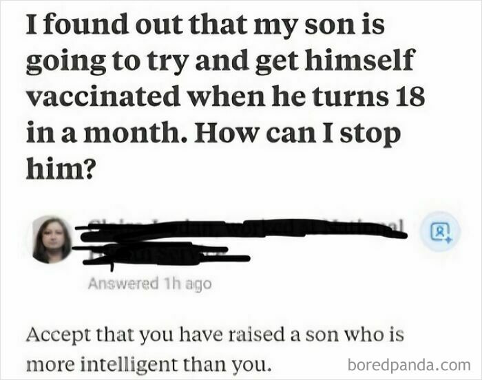 A social media post by a parent asking how to stop their son from getting vaccinated, highlighting unhinged people.