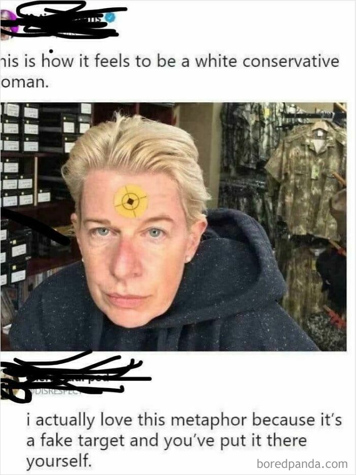 A social media post featuring a woman with a target on her forehead, part of unhinged thoughts on social media.
