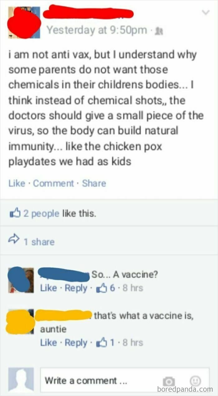 A Facebook post by someone who misunderstands vaccines, suggesting a piece of virus instead of chemicals, demonstrating unhinged thoughts.