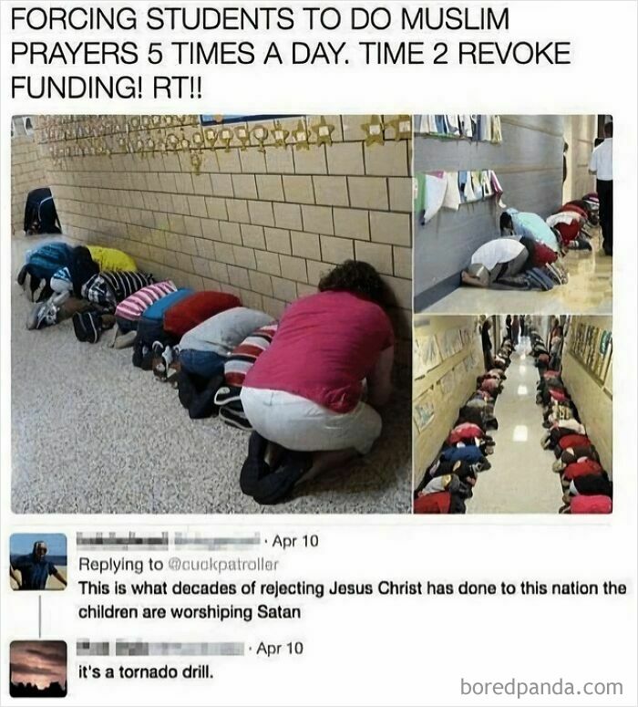 A social media post and comments showing unhinged people sharing thoughts on social media about students praying, which is actually a tornado drill.