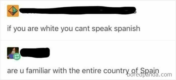 A social media exchange between unhinged people sharing thoughts on social media about speaking Spanish based on race.