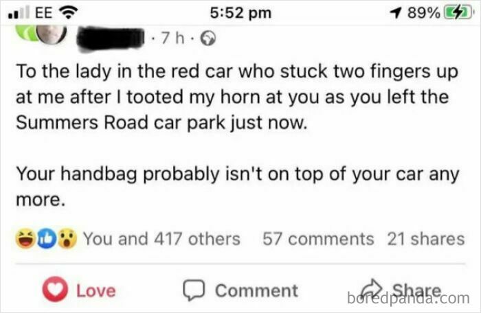 A social media post from a person sharing unhinged thoughts about telling a lady in a red car her handbag is no longer on her car.