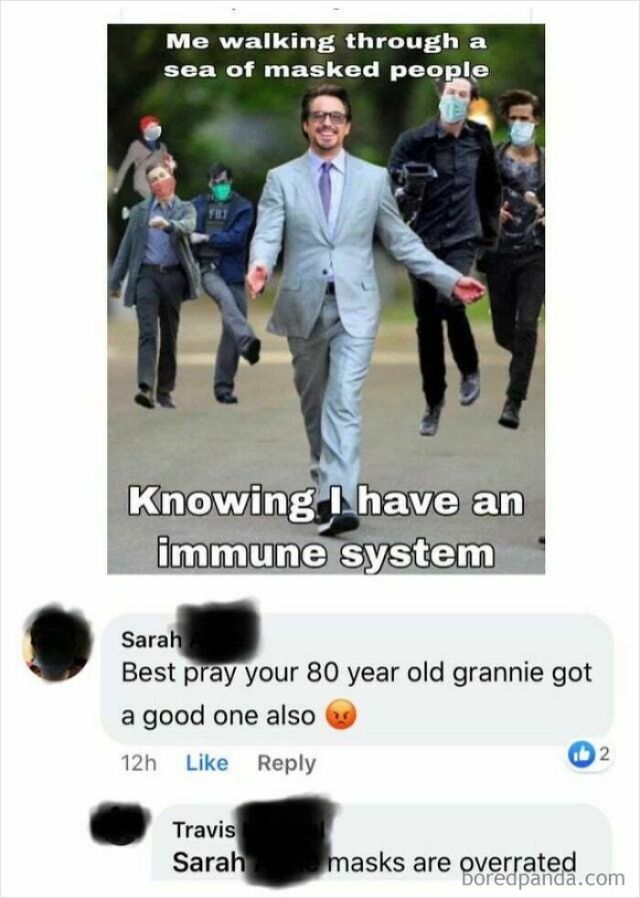 A meme with Robert Downey Jr. walking confidently among masked people, followed by an unhinged comment.