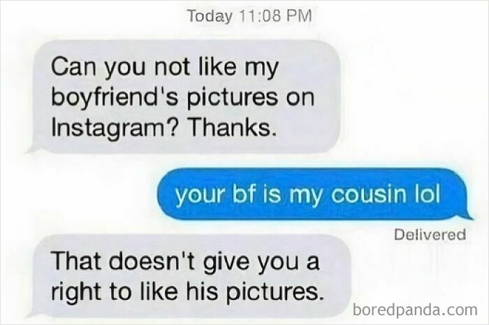 A text message conversation showing unhinged people sharing thoughts on social media about liking boyfriend's pictures.