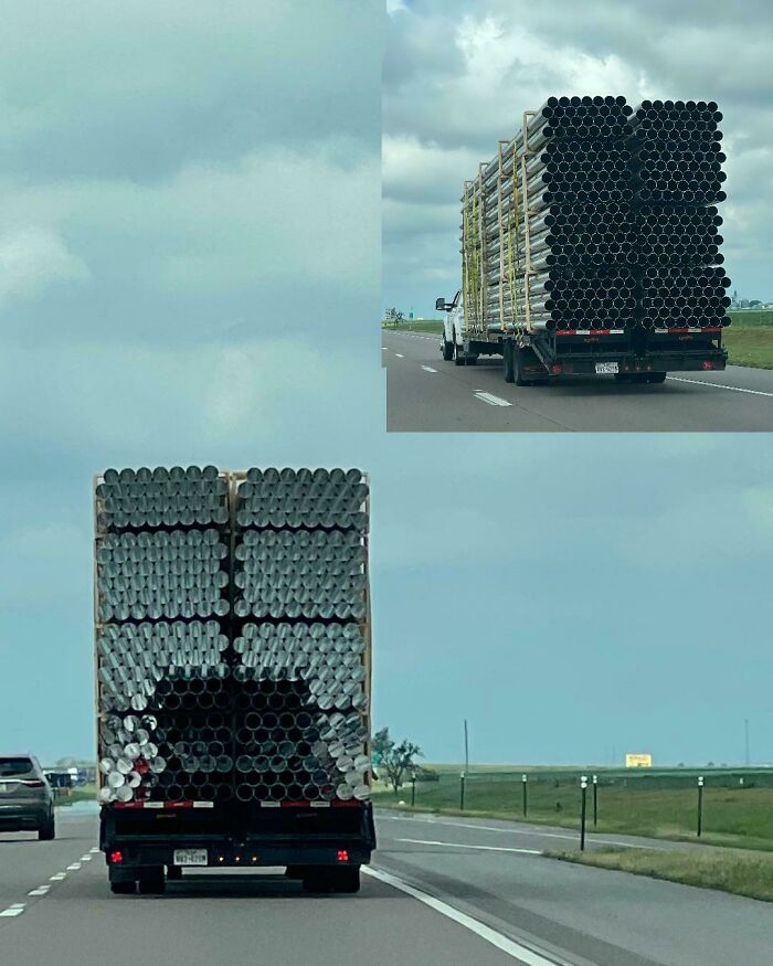 A split image showing a truck carrying pipes, where the pipes create a pattern that looks like the road, an amazing instance of something synced just right.