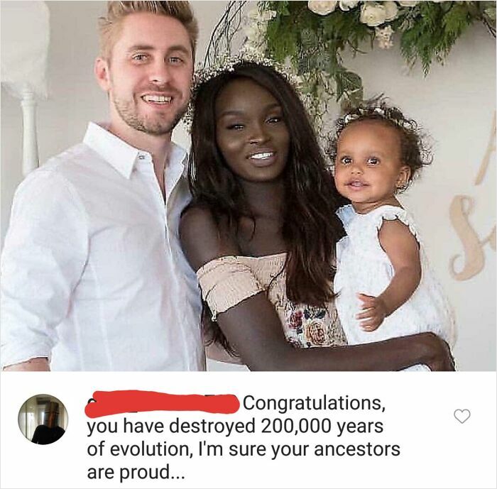 A social media post with a photo of a mixed-race family, sparking unhinged thoughts on social media.