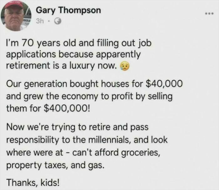 A social media post by an unhinged person, Gary Thompson, sharing thoughts about retirement and millennials.