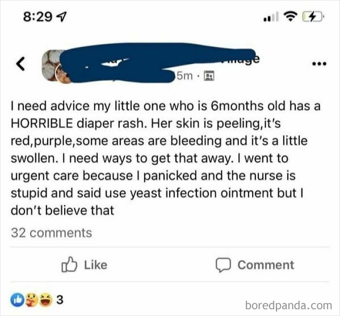 A social media post of unhinged people asking for advice on a baby's severe diaper rash instead of trusting medical professionals.