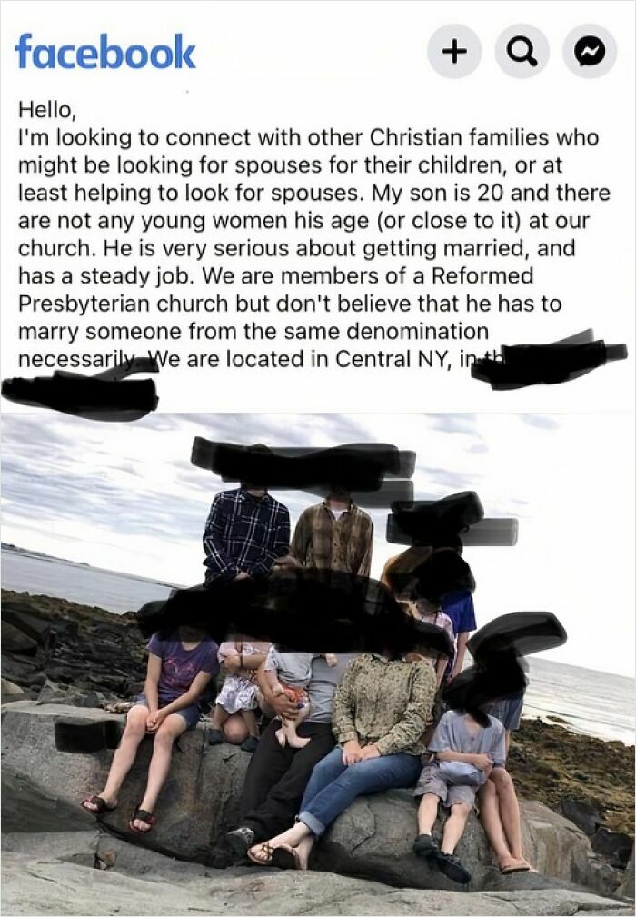 A Facebook post about unhinged people sharing thoughts, seeking spouses for a son, with a family photo on rocks.