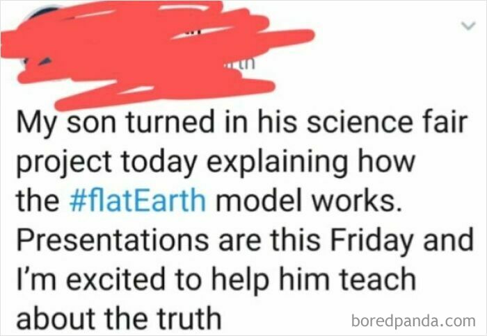 A social media post from unhinged people sharing thoughts on social media about a son's flat Earth science project.